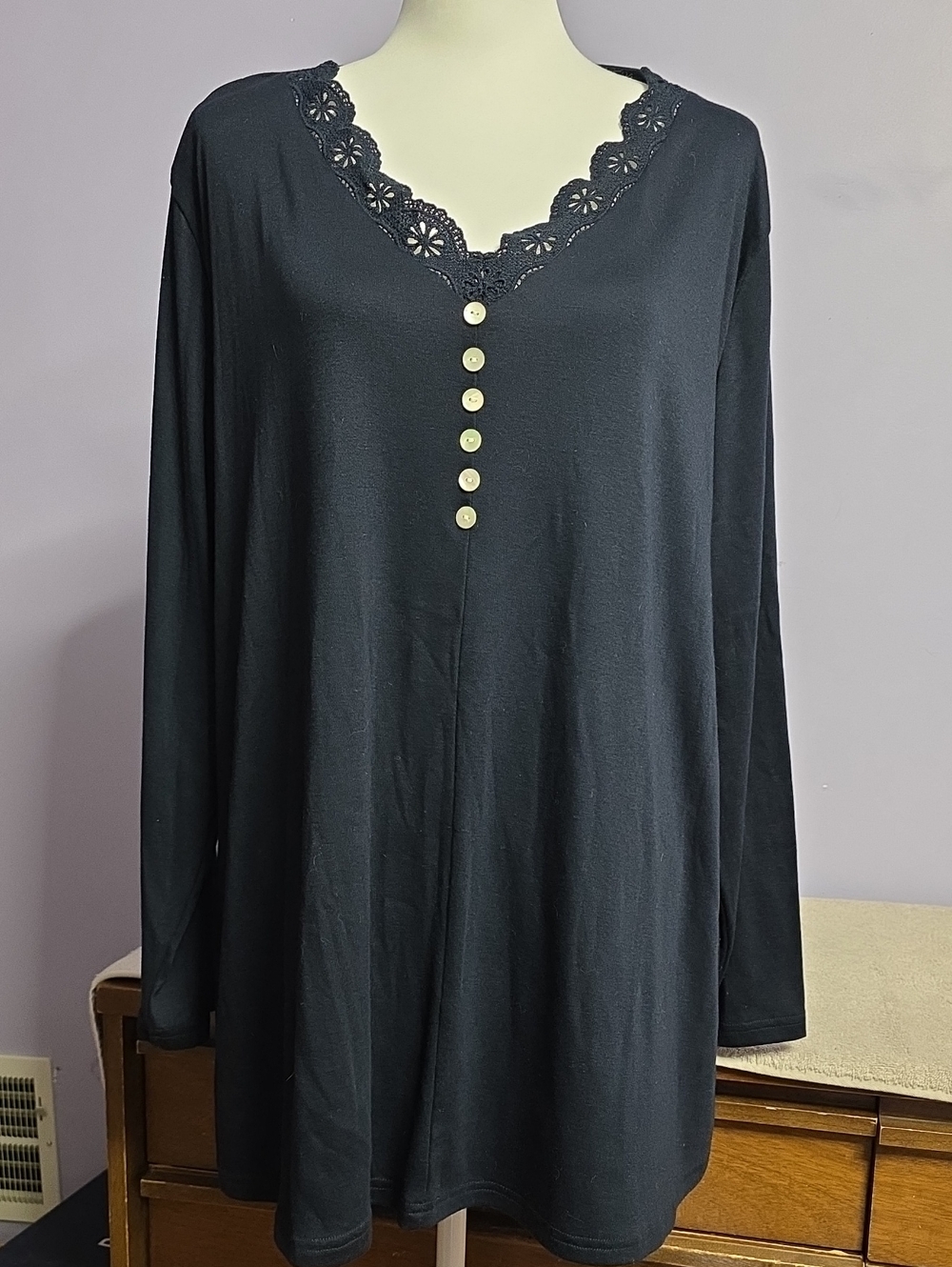 BloomChic Navy Lace-Trim Button Front Long Sleeve‎ Top